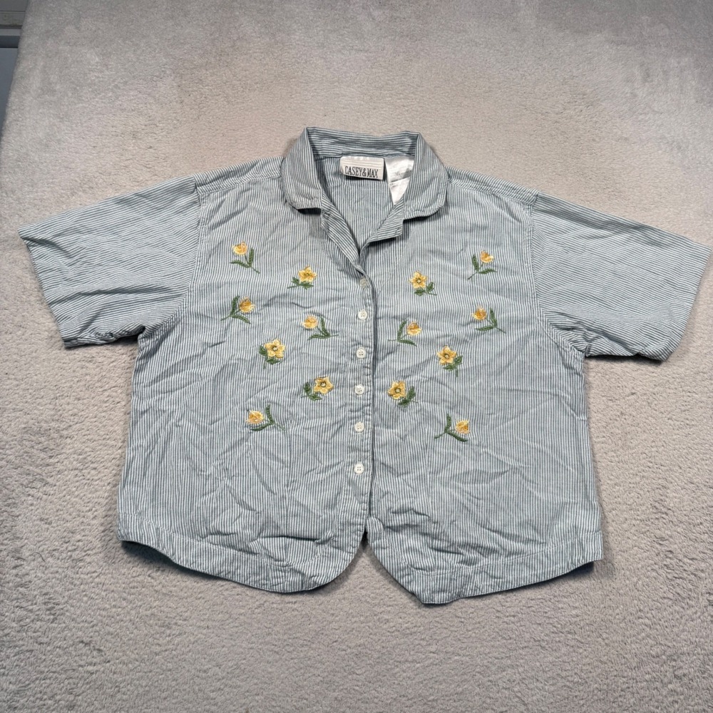 Vintage Casey & Max Cottagecore Button Up Shirt L Striped Floral embroidered